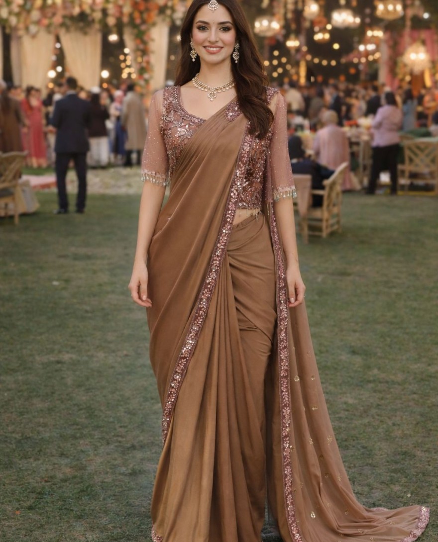 BROWN - Brown Lycra Embroidered Work Trendy Saree for Festival